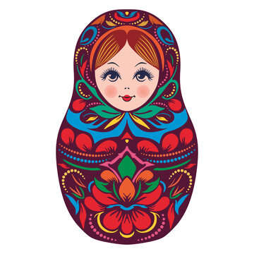 Russian matryoshka doll toy, bright colorful pattern. Isolated object on a white background. Vector clipart	
