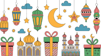 Vibrant eid al-fitr celebration with lanterns, gifts, and mosques
