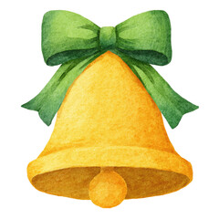 A watercolor painting of a golden bell with a green bow on top, isolated on black background