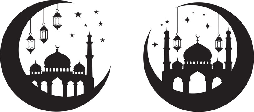 a black and white image of two crescent moons with mosque silhouettes and lanterns