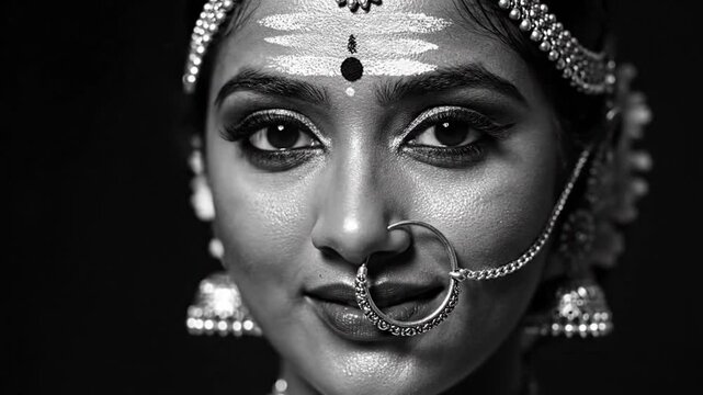 Traditional Indian woman with ornate jewelry and religious symbols