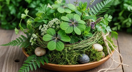 A wooden bowl filled with green moss, clover, and small eggs on a rustic wooden table.