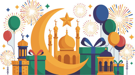 Eid celebration vector illustration with mosque and gifts