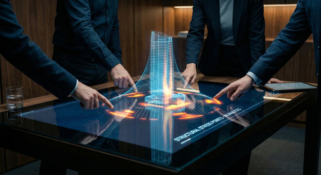 Team of architects collaborates on holographic 3d model of skyscraper structure on interactive table displaying stress analysis