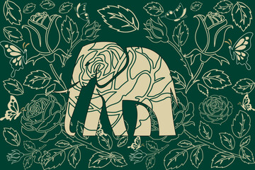 Charming jungle illustration with elephant family, butterflies, green, and tropical leaves in soft muted tones. Ideal for fabric, wallpaper, nursery prints, and decorative vector backgrounds. © Noke