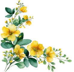 Watercolor floral corner arrangement with vibrant yellow blossoms and verdant leaves on black