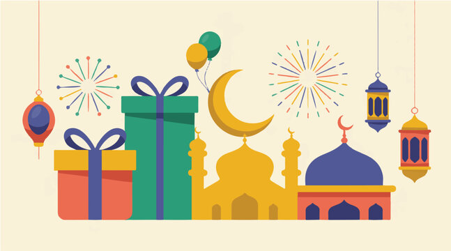Vibrant eid celebration vector illustration with gifts and mosque
