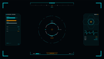 Futuristic digital heads-up display interface with a central targeting reticle, system status panels, and data graphs in cyan and orange colors on a dark background. © Антон Сальников