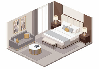 Stylish and Modern Bedroom Interior Design with King-Size Bed, Sofa, and Coffee Table