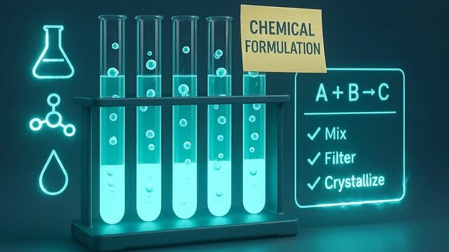 Chemical formulation concept featuring glowing test tubes with liquid glassware, scientific icons, chemical reactions, and experiment steps including mix, filter, crystallize laboratory science