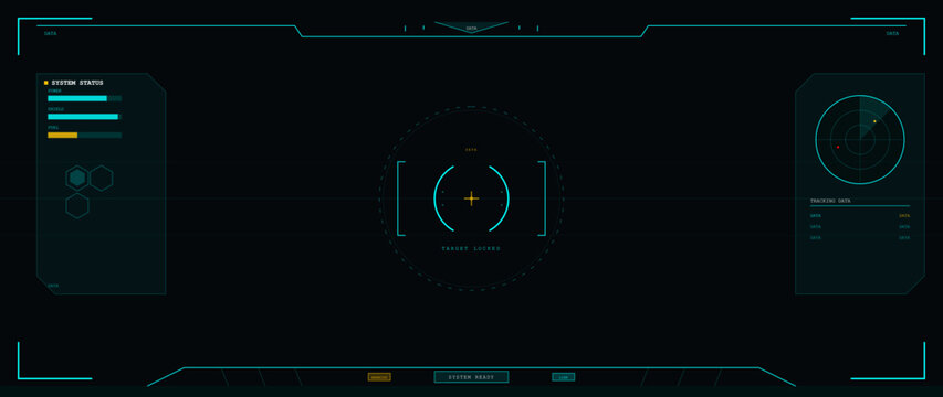 A futuristic digital heads-up display interface featuring a central targeting reticle, system status bars, and radar tracking data on a dark background for a sci-fi gaming aesthetic.