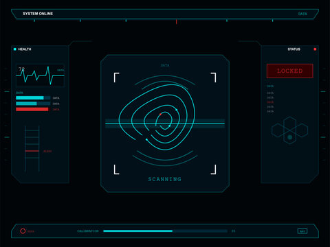 This futuristic heads-up display features a central biometric fingerprint scan surrounded by health monitoring graphs, status indicators, and calibration progress bars.