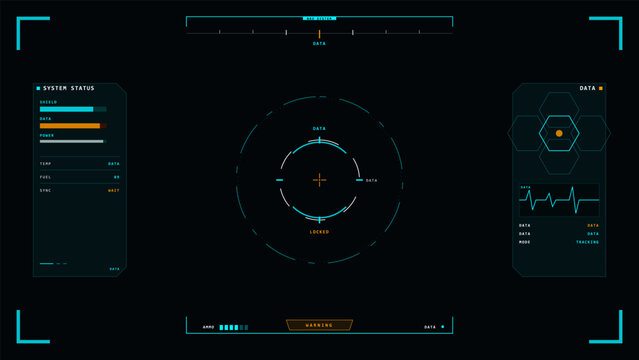 Futuristic digital heads-up display interface with a central targeting reticle, system status panels, and data graphs in cyan and orange colors on a dark background.