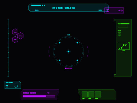 This futuristic digital HUD interface features a central targeting reticle, shield status bar, and various data panels in cyan, magenta, and green on a dark black background.