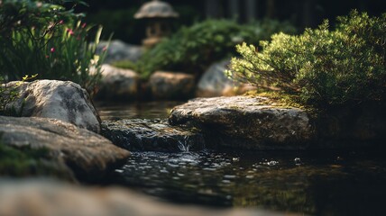 Fototapeta premium Serene water stream flows gently through lush garden with mossy rocks and vibrant greenery