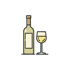 Illustration of a bottle and glass of white alcoholic beverage on black background