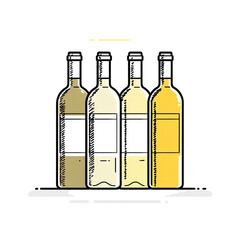 Cartoon illustration of four wine bottles with varying hues, black background