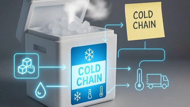 Cold chain storage box with ice cubes and cooler, temperature control and logistics for safe transportation and delivery of perishable goods ensuring freshness and safety during cold chain storage
