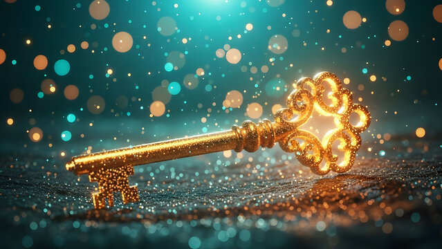 Golden ornate skeleton key resting on glitter texture | Magical concept of unlocking potential and secret treasures | Detailed close-up of glittering antique brass key with vibrant bokeh background