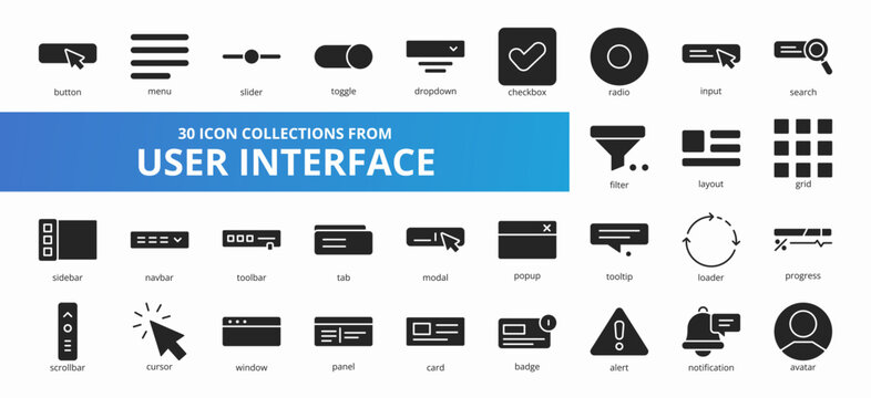 Set of 30 collection of user interface icons suitable for web and mobile application. Set of glyph style icons with message, chat, call, email, inbox, and more icons.