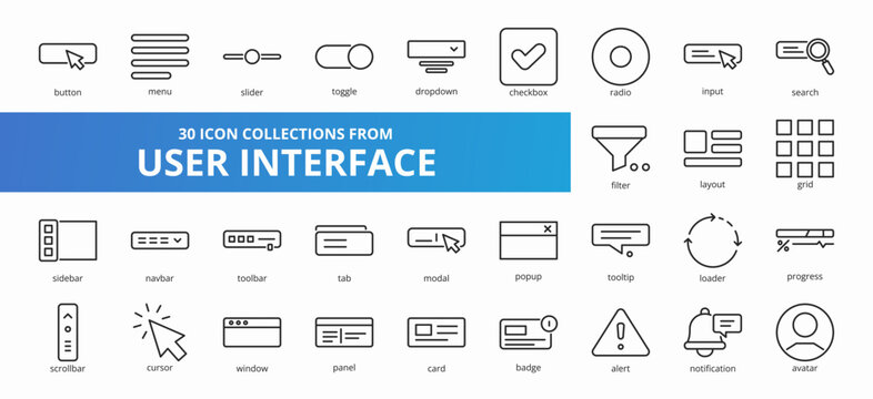 Set of 30 collection of user interface icons suitable for web and mobile application. Set of outline style icons with button, menu, slider, toggle, dropdown, and more icons.
