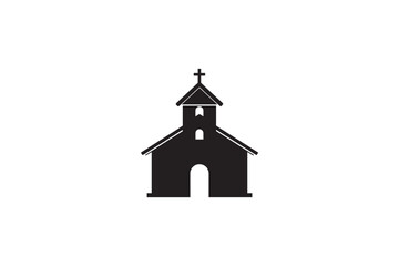 Simple black silhouette of a chapel with steeple and cross on a hill, evoking peaceful serenity