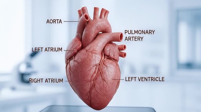 Heart anatomy featuring labeled aorta, pulmonary artery, left atrium, right atrium, and left ventricle with detailed cardiovascular structure medical and educational illustration showing clear