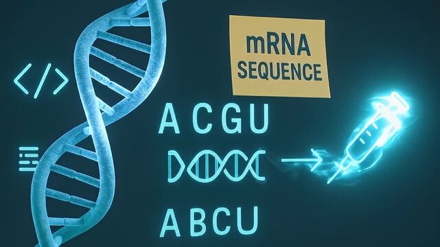 MRNA sequence concept featuring DNA strand, nucleotide letters, syringe illustration representing genetic research, biotechnology innovation, molecular helix, and science advancements in medicine