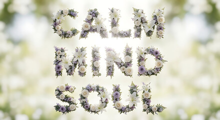 A serene floral arrangement forming the words CALM MIND SOUL in a lush garden environment viewed from a straight-on perspective