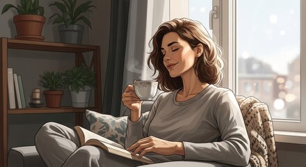 Obraz premium A woman in a cozy living room, reading a book and enjoying a cup of tea.