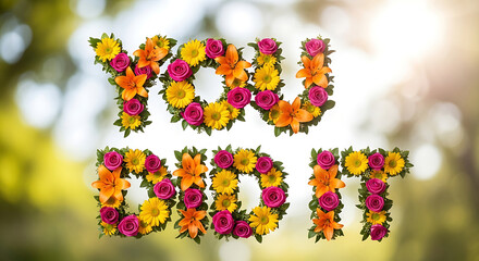 Vibrant floral arrangement forming the phrase 'YOU DID IT' in a lush green outdoor setting with colorful blooms, symbolizing encouragement and positivity, captured from a straightforward viewpoint