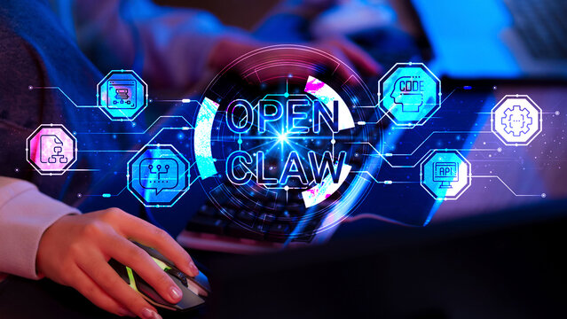 Person interacts with futuristic OPEN CLAW holographic interface for software development exploring code API and data concepts holographic interface open claw coding
