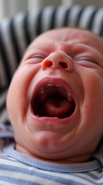 Extreme close up of an upset newborn baby crying loudly with an open mouth and flushed red skin, illustrating concepts of colic, hunger, and infancy distress.