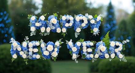 Celebratory New Year greeting with blue and white flowers arranged in festive typography against a blurred garden background