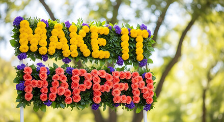Vibrant floral sign with motivational message displayed outdoors in a lush green environment with trees and sunlight filtering through