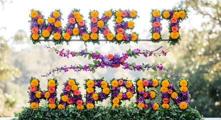 A vibrant floral display arranged to spell 'MADE WITH LOVE' in a lush outdoor setting, viewed from a low angle.