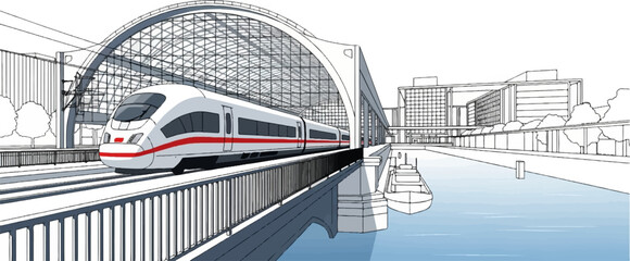 Modern train waits at an architecturally significant station with a glass roof and river