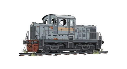 Fototapeta premium A dilapidated diesel locomotive with broken windows and rusty patches sits on tracks
