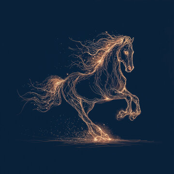 Energetic full-length portrait of a fiery horse made of flying sparks, symbol of 2026
