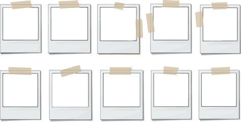 Ten vintage instant photo frames, some taped, isolated on white