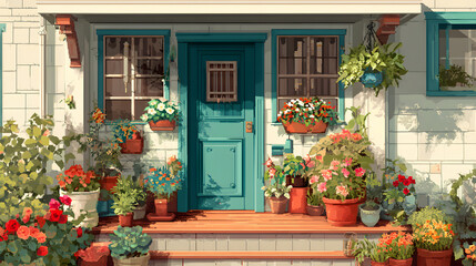 Pixel-style flower porch with teal door