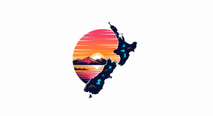 Silhouette of a country's islands merged with a sunset over mountains and water