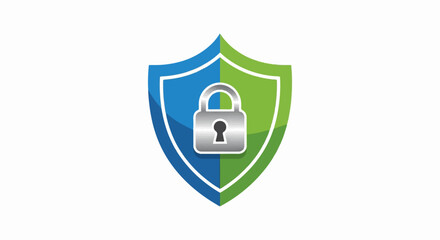 A metallic padlock secures a blue and green shield emblem, symbolizing protection