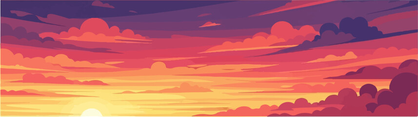A pixelated sunset displays vibrant oranges, reds, and purples in a sky filled with stylized clouds