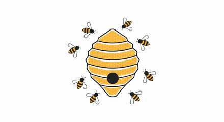 A stylized beehive with surrounding bees, rendered in a simple graphic style