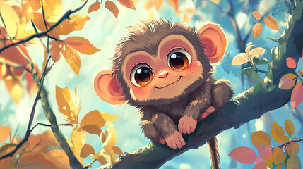 Fototapeta premium A charming baby monkey perched on a branch, radiating cuteness and innocence. The monkey has a playful expression and big, captivating eyes AI Generative
