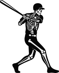 Skeleton in baseball uniform swings bat, showing bone structure