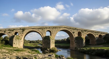 Fototapeta premium Ancient Roman stone bridge spanning a river in Tunisia at afternoon