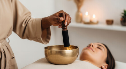 Therapist guiding singing bowl on client's chest in candlelit wellness room, sound therapy and relaxation in alternative healing