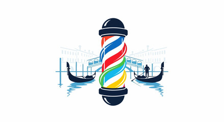 A barber pole stands in front of a Venetian canal scene with gondolas